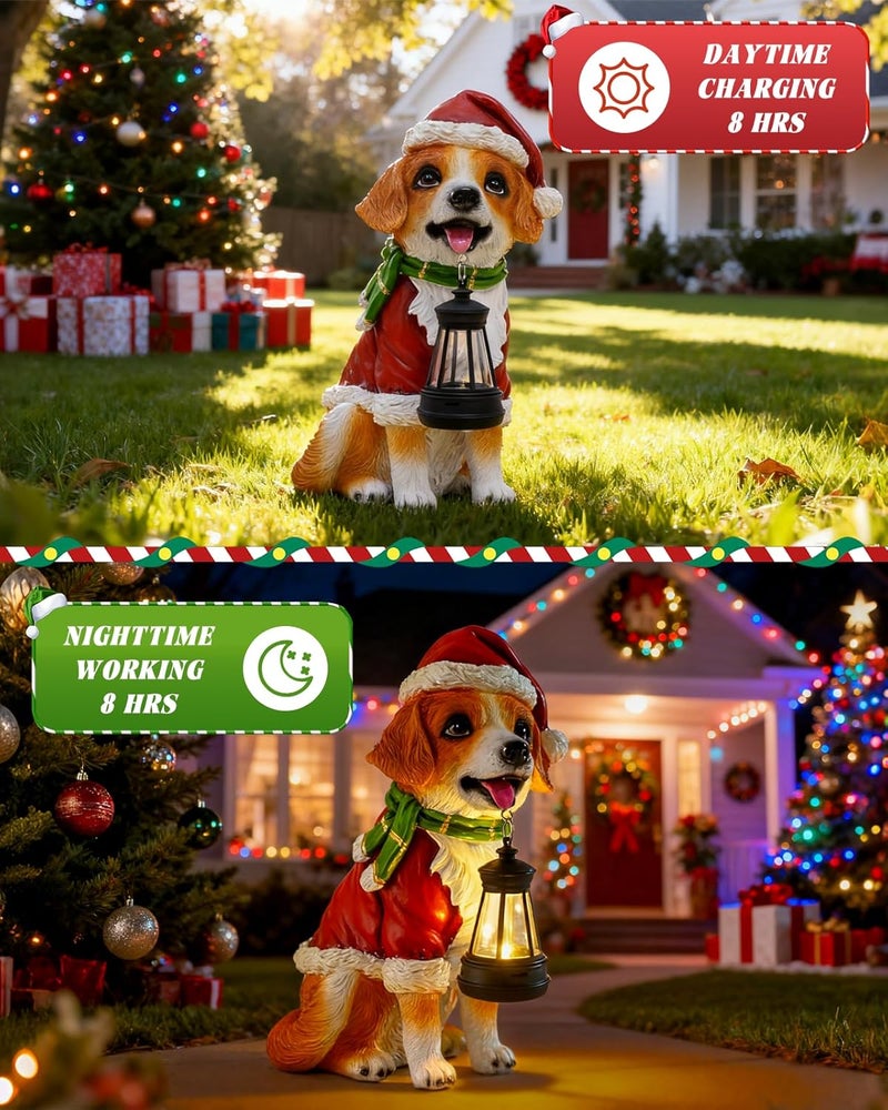 Pohabery Christmas Dog Garden Statue with Solar Lantern – Santa Dog Figurine in Red Coat & Hat, Outdoor Christmas Yard & Porch Decorations, Balcony & Lawn Decor, for Dog Lovers - Image 5